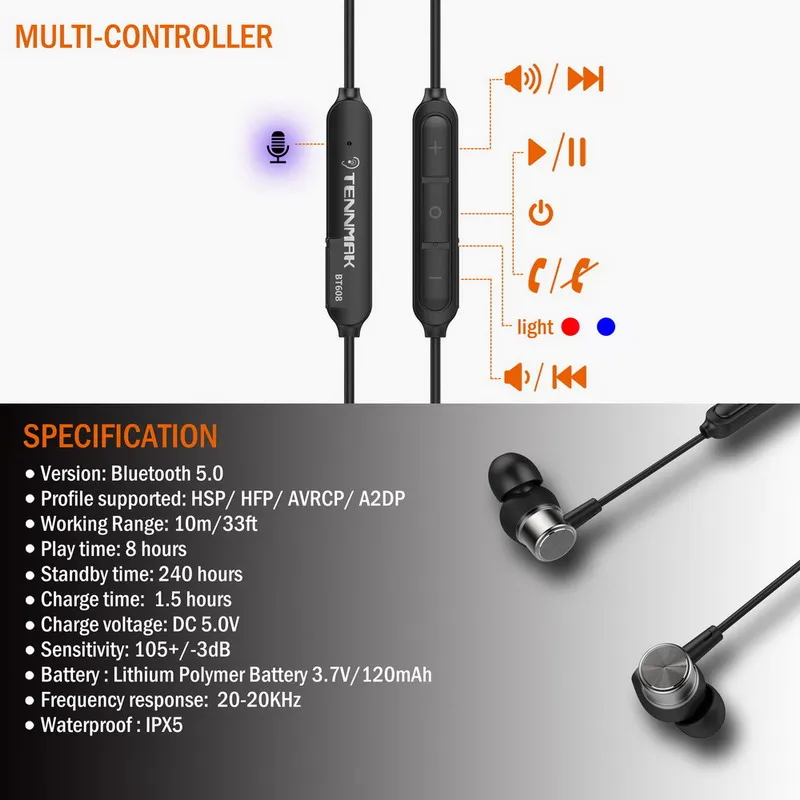 TENNMAK BT608 Bluetooth 5 0 водонепроницаемые спортивные наушники вкладыши с защитой от пота