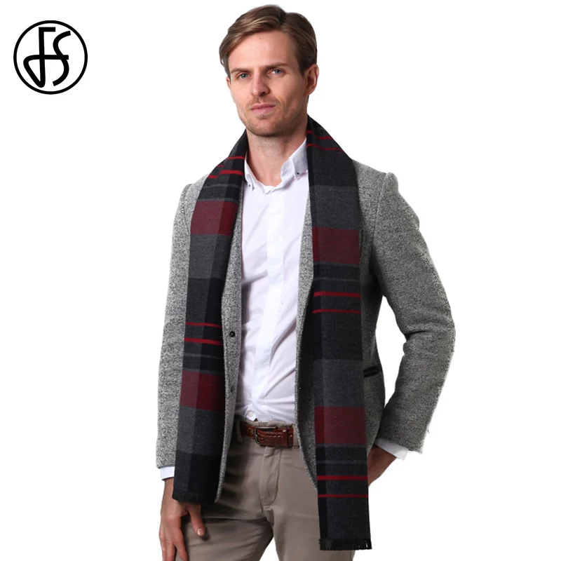 Мужской винтажный шарф в клетку FS мягкий кашемировый теплый полоску черный синий