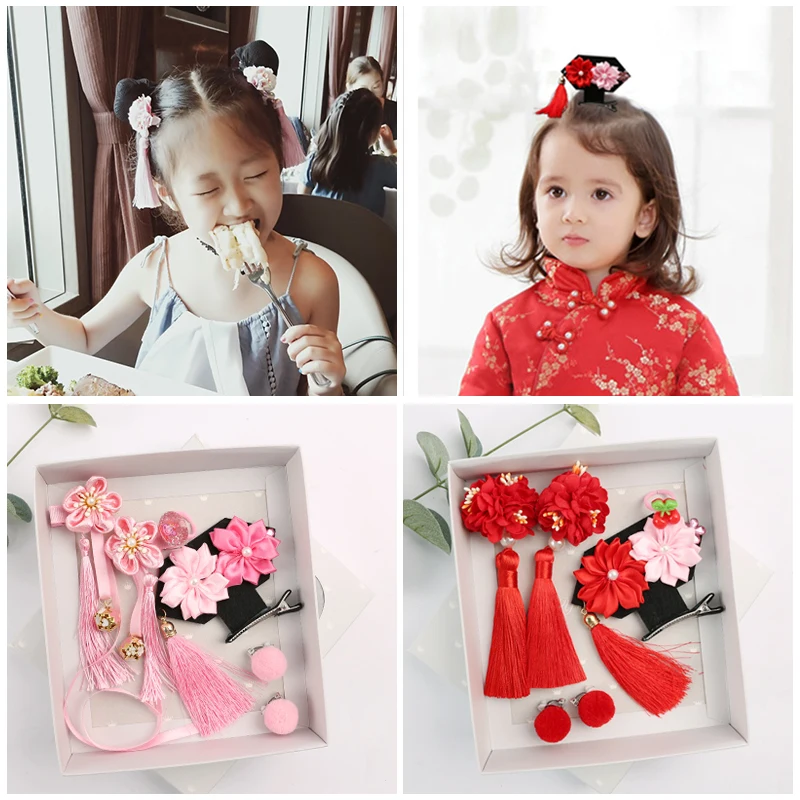 5~6pcs/pack-Chinese Retro Princess Style Children's Hair Gift Box Set Of Rabbit Ball Clip Girl's Accessories | Аксессуары для
