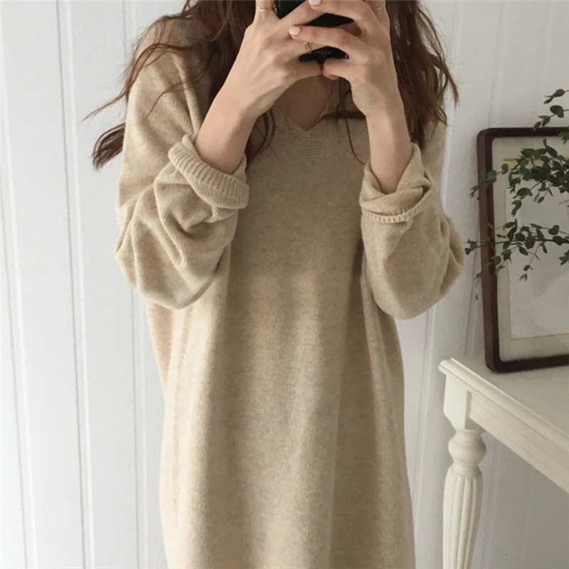 2019 Autumn Korean Women Casual Knitted Dress Solid Ankle-Length Full Sleeve V-Neck Party Vestidos Cute Clothing | Женская одежда