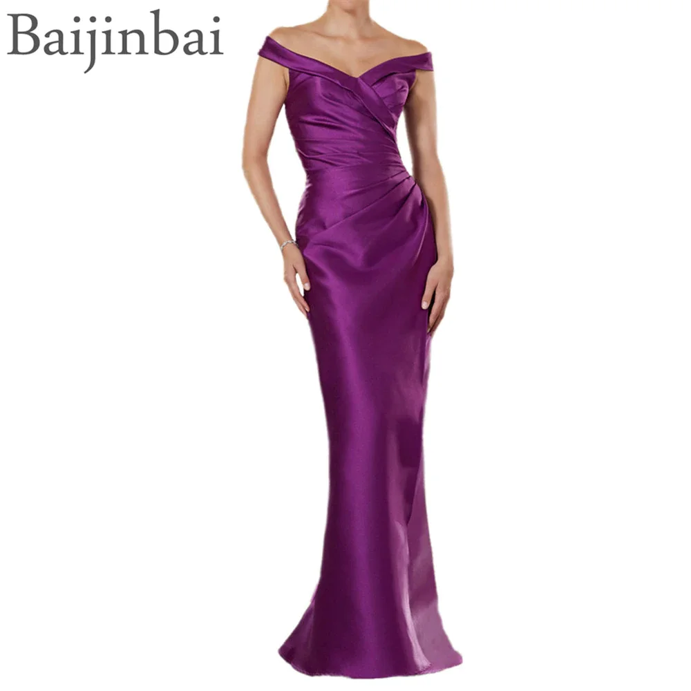 Baijinbai Satin Long Mother of the Bride Dresses Classic Portrait Off Shoulder Neckline Evening Formal Gowns Floor Length | Свадьбы и