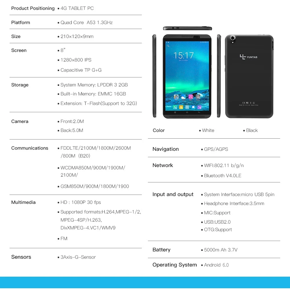 Yuntab, Новое поступление, 8 дюймов, H8, Android 6,0, планшетный ПК, четырехъядерный, 4G мобильный телефон с двойной камерой, две sim-карты, аккумулятор 4500mHA