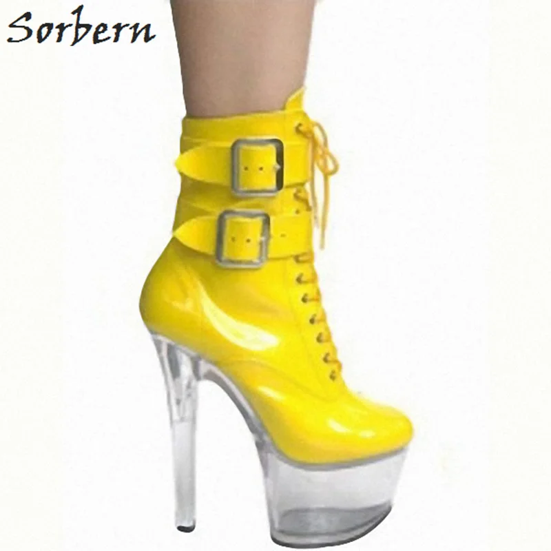 

Sorbern 15Cm Spike High Heel Ankle Boots For Women Platform Boots Plus Size Black Boots Candy Color See Through Perspex Heels