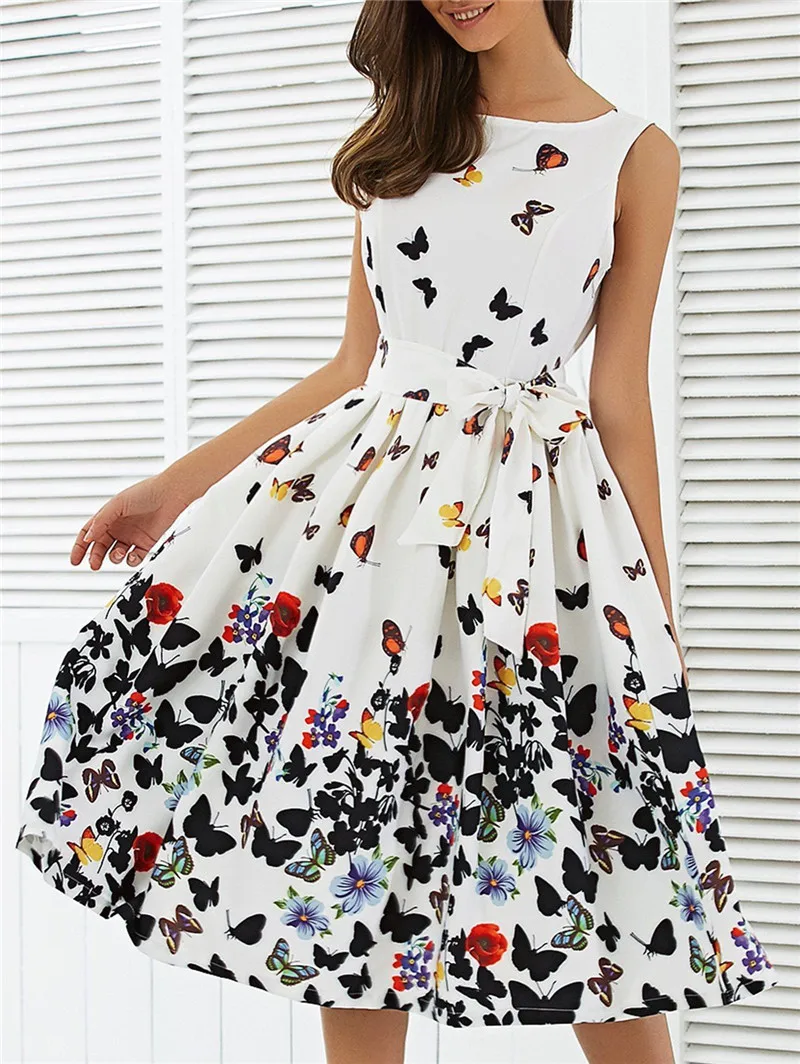 50'S 60'S Women Vintage Summer Dress Butterfly Print Casual White Evening Party Sleeveless | Женская одежда