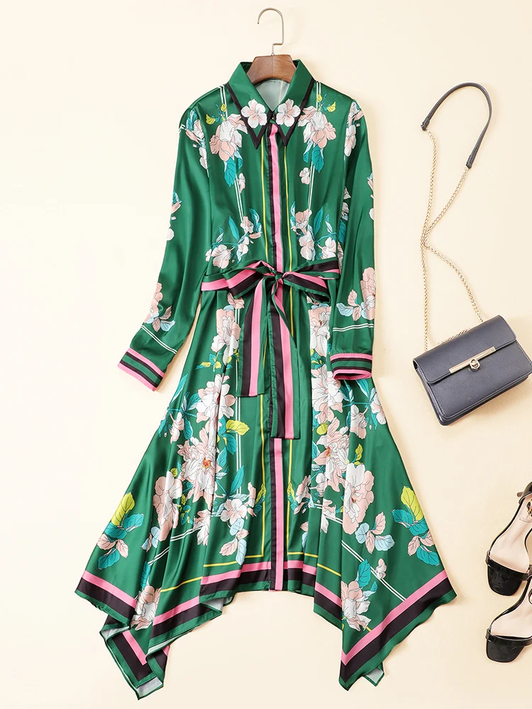 Women's Runway Dresses Turn Down Collar Long Sleeves Floral Printed Sash Belt Striped Asymmetrical Fashion Casual | Женская одежда