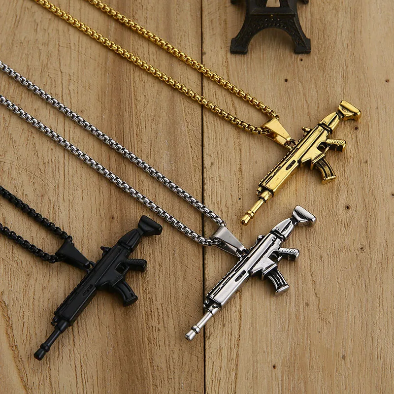 Valily Men Jewelry AK47 Gun Male Necklace Pendant With Gold Color Stainless Steel Chain Military Joias Hippie | Украшения и