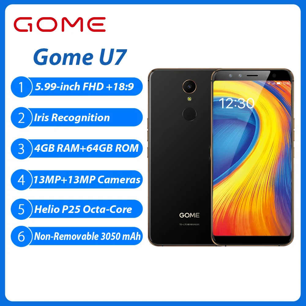 Мобильный телефон Gome U7 5,9", Восьмиядерный, 13 МП, 4 Гб+ 64 ГБ, 3050 мАч, MTK6757CD, Android 7,1, OTG, NFC, отпечаток пальца, 4G, LTE, смартфон