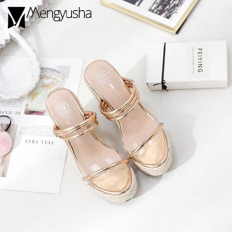 Narrow Band Transparent Platform Sandals Women Straw Hemp Wedges Beach Gold/Silver Clearance High Heel Ladies Flipflops | Обувь