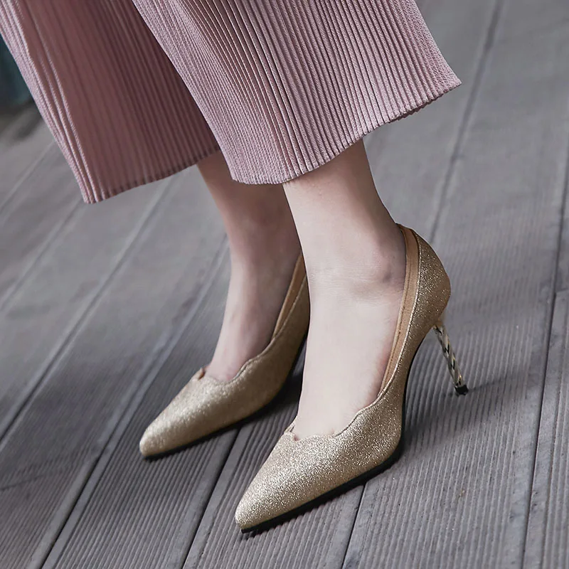 Золото slip on Женская обувь bling 2018 с острым закрытым носком Обувь на высоком каблуке