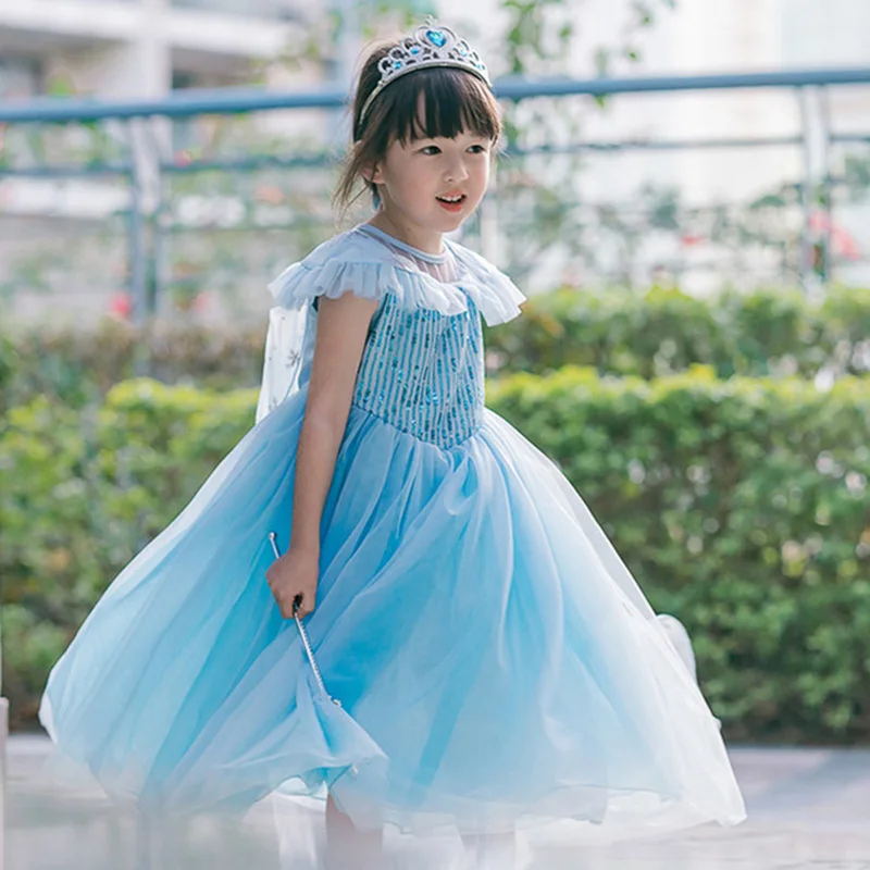 Light Blue Elsa Mesh Summer Girl Dress Cloak Performance Clothing Kid Dresses for Children's Day Fairy Princess Dressing | Детская