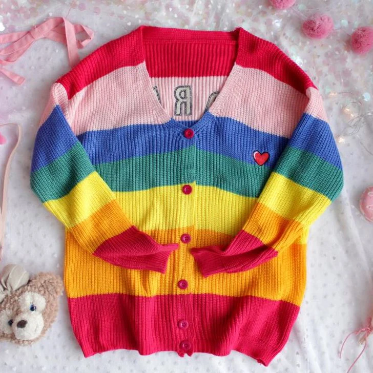 Женский Радужный кардиган Harajuku свободный Свитер оверсайз с вышитой надписью в