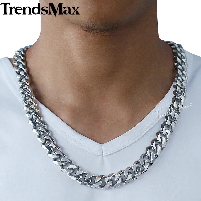 

Trendsmax Matte Brushed Polished Necklace Mens Chain 316L Stainless Steel Cut Curb Cuban Link Silver Color Tone 15 mm KHNM18