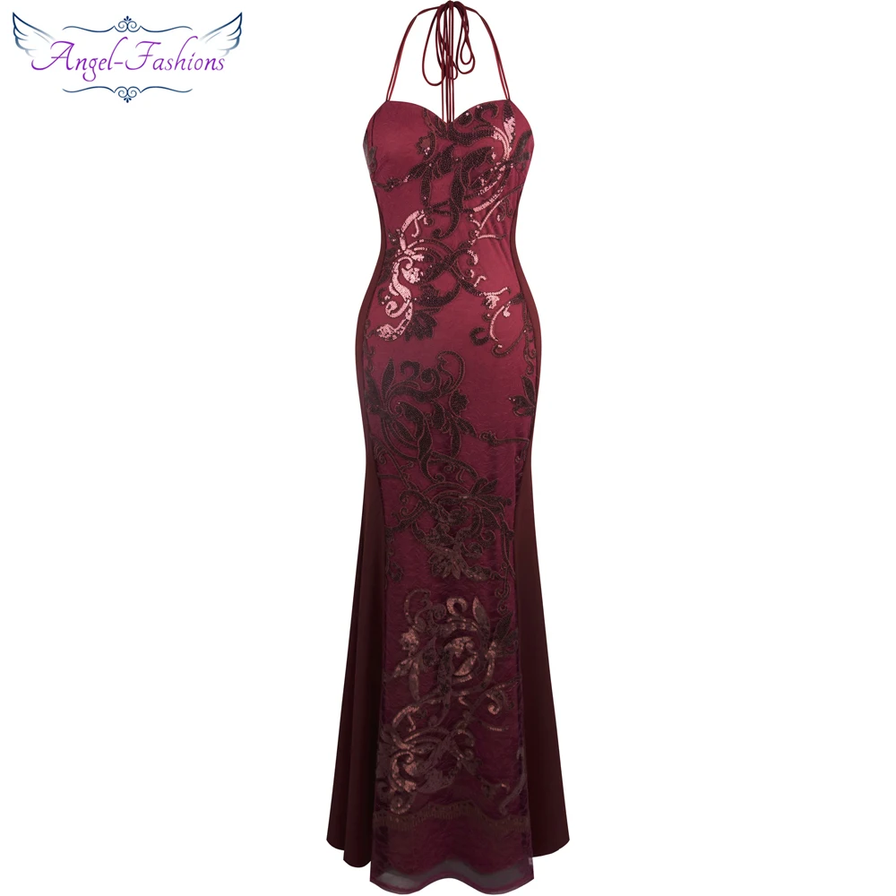 Angel-Fashion женское длинное вечернее платье с лямкой через шею лентами пайетками и