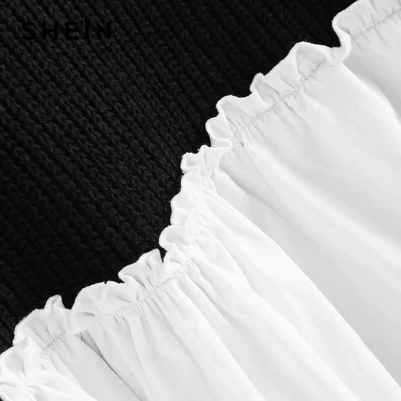 SHEIN Контрастная Комбинированная Блуза, Контрастный Джемпер С Отделкой И Широкими Рукавами