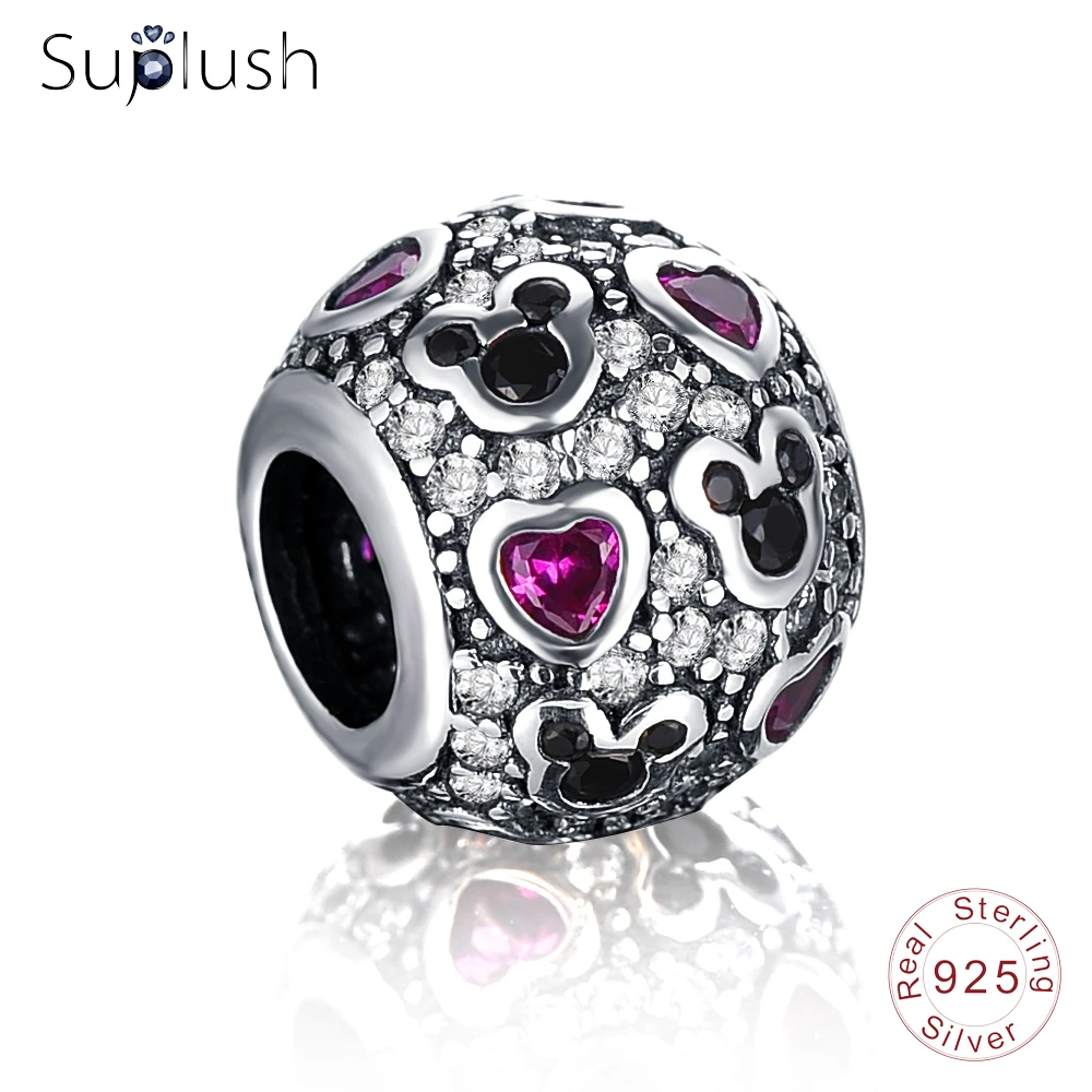 Suplush Sparkling CZ Hearts Charm Antique 925 Sterling Silver Beads Fit Bracelet Pendants Making Jewelry Accessories PSMB0201 | Украшения и