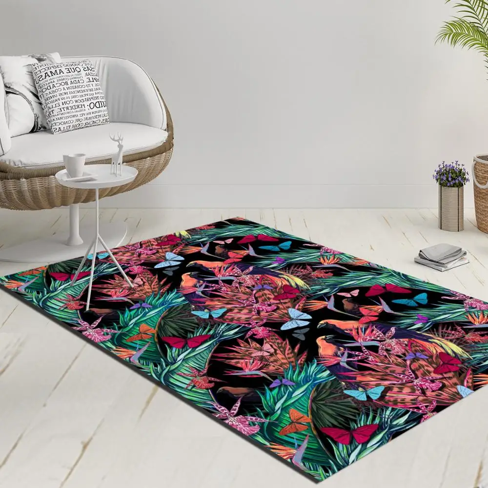 

Else Black Floor Tropical Birds Purple Flowers Green Leaves 3d Print Anti Slip Kilim Washable Decorative Kilim Rug Modern Carpet
