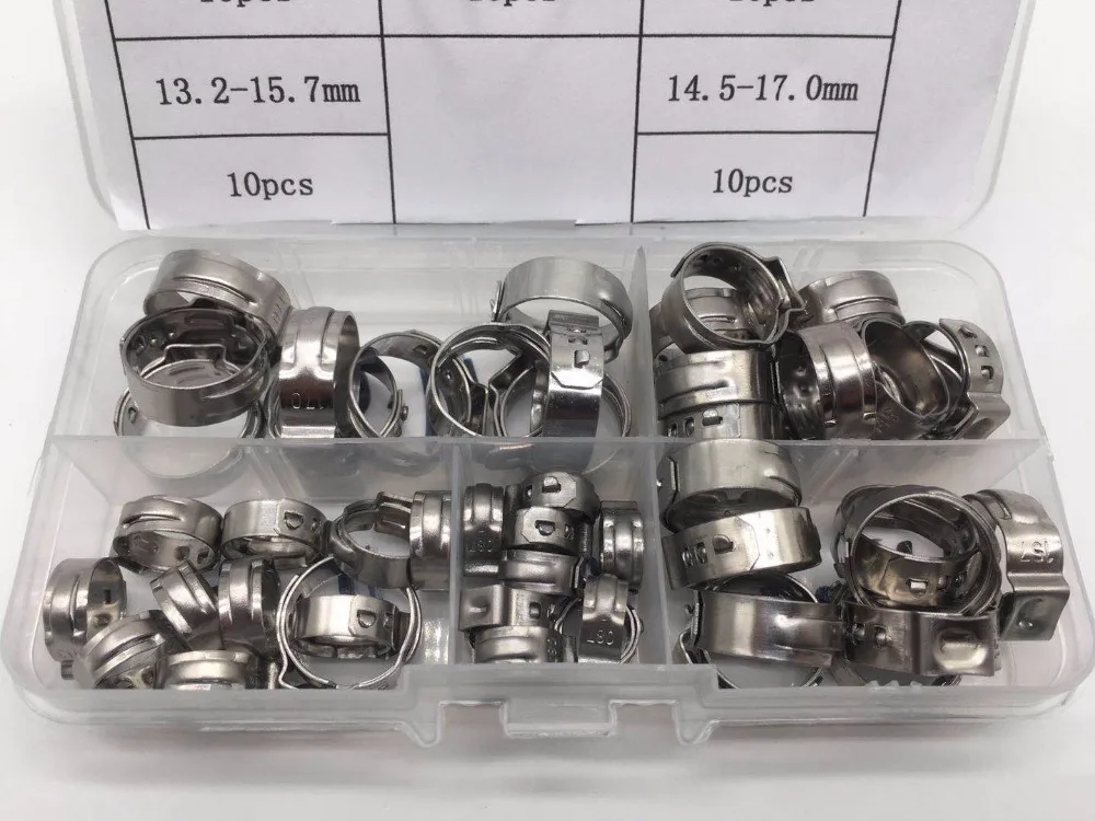 

Free shipping Pipe Clamp High Quality 50 PCS Stainless Steel 304 Single Ear Hose Clamps Assortment Kit Single with box