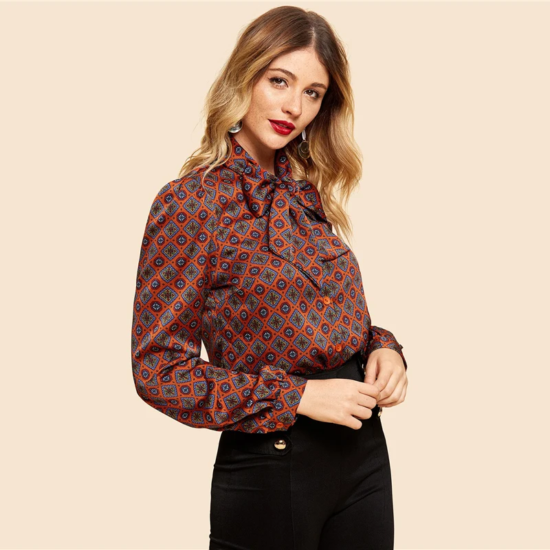 SHEIN Нарядная Блузка С Винтажным Принтом И Бантом, Офисная Блузка С Длинным Рукавом