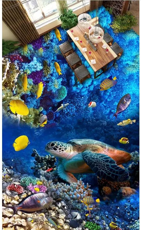

Custom photo 3d flooring mural self - adhesion Marine world turtle tropical fish coral 3d wall murals wallpaper for walls 3 d