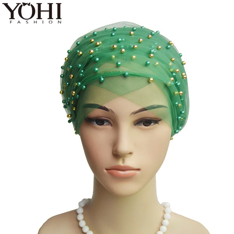 

2018 New Fashion pearl full sky star gauze scarf hat Muslim hat long tailed hat Of women