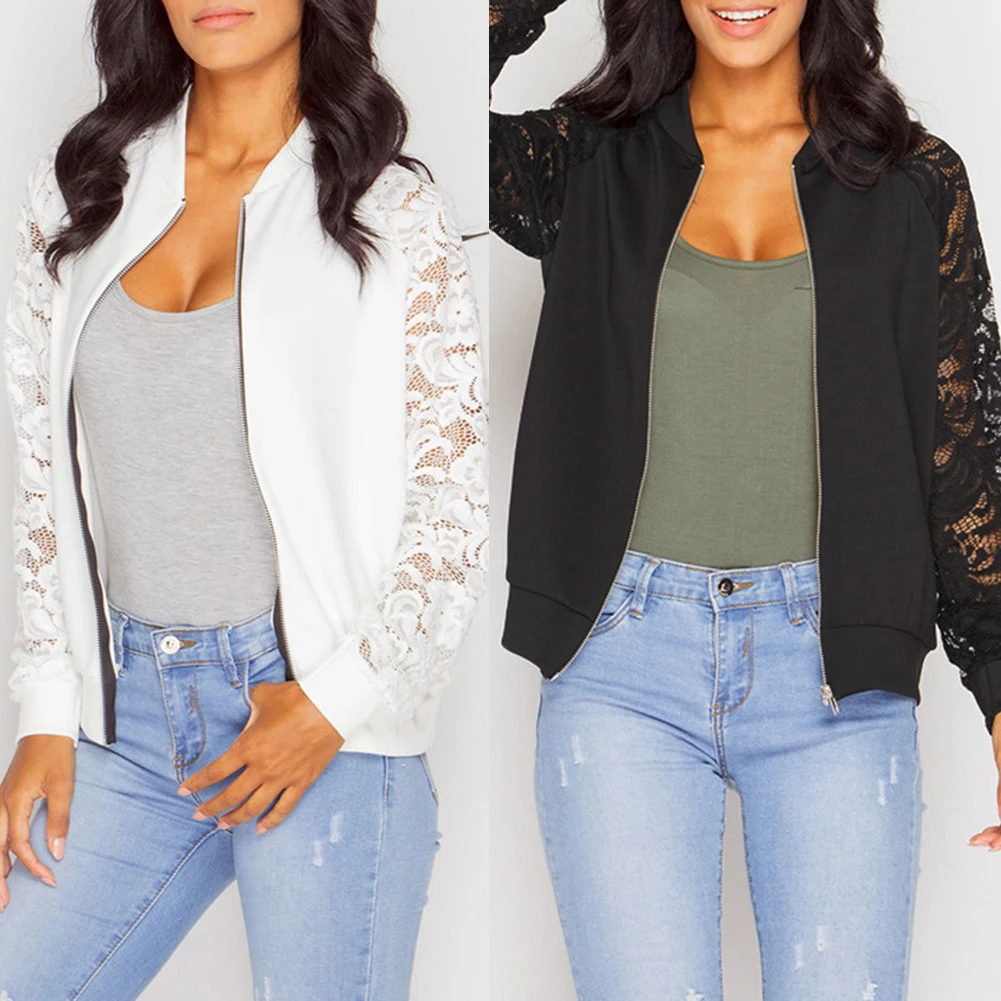 Женская Мода Цветочный принт на молнии с длинными рукавами Кружева лоскутное