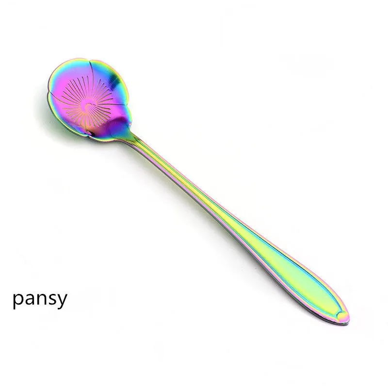 Pansy Нержавеющая сталь цвета радуги с цветочным рисунком Форма чайная, кофейная ложка для мороженого сахара столовые приборы посуда Кухня инструменты - Цвет: Pansy