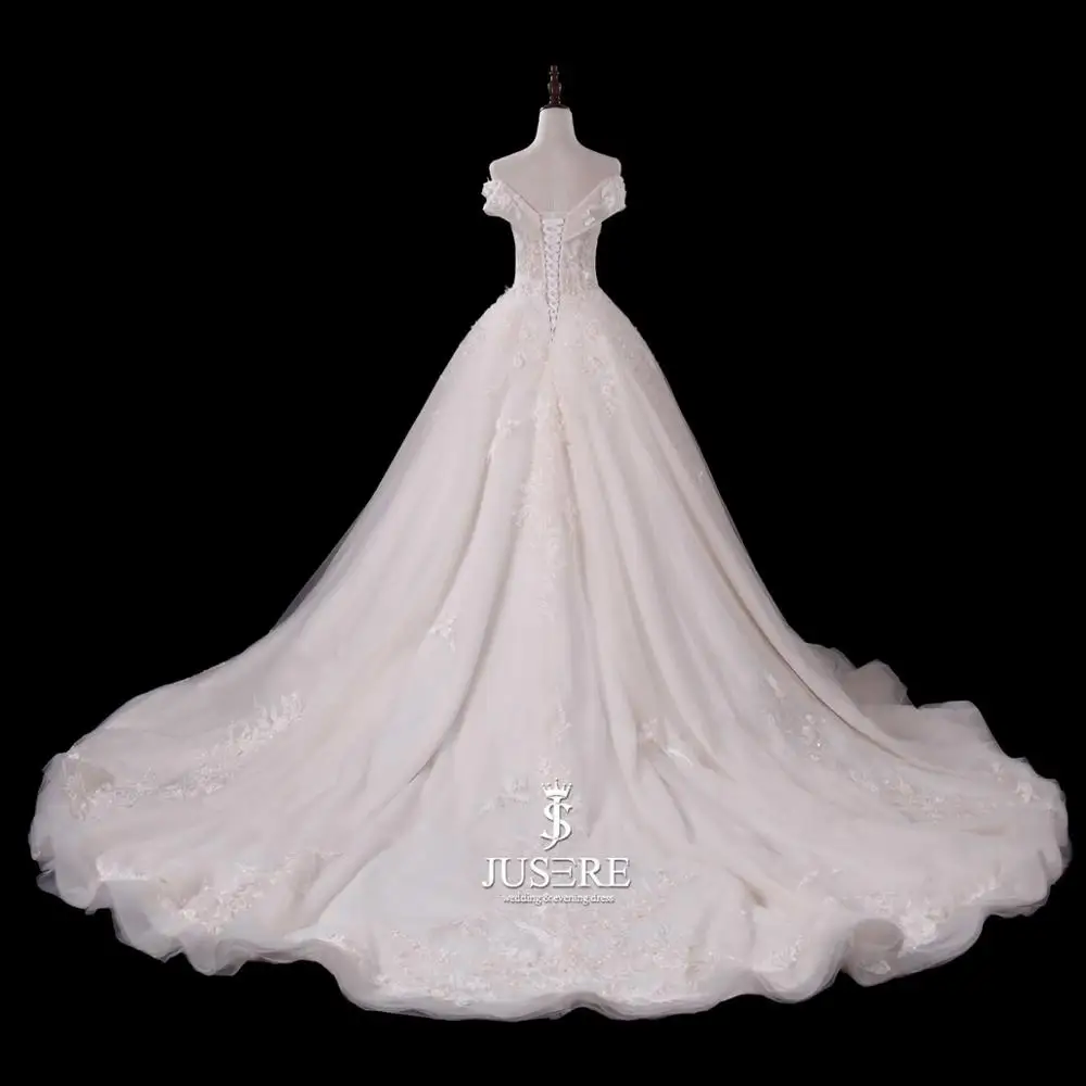 JUSERE vestido de noiva, свадебное платье цвета слоновой кости,, Кружевная аппликация, ручная работа, расшитая бисером, с открытыми плечами, со шлейфом, свадебные платья с вуалью