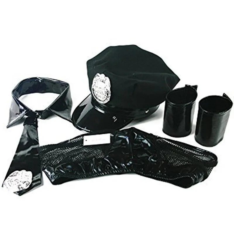 

4 Pieces Fashion M-XL 2018 Police Men Faux Leather Lingerie Sexy Costume Halloween Adult America Policemen Tie Panties Hat Set