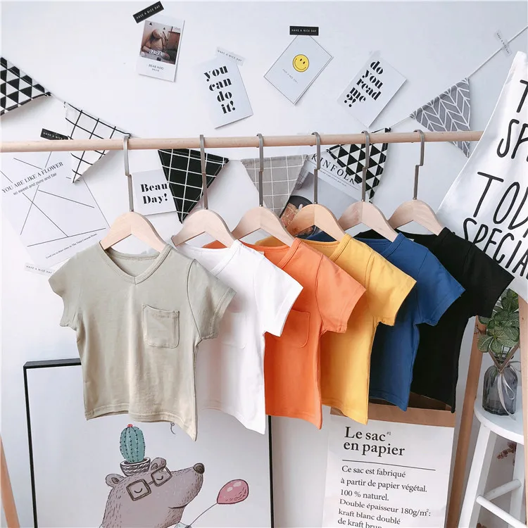 

Soild simple cotton v-neck short sleeve pocket easy matching baby girl boy shirt