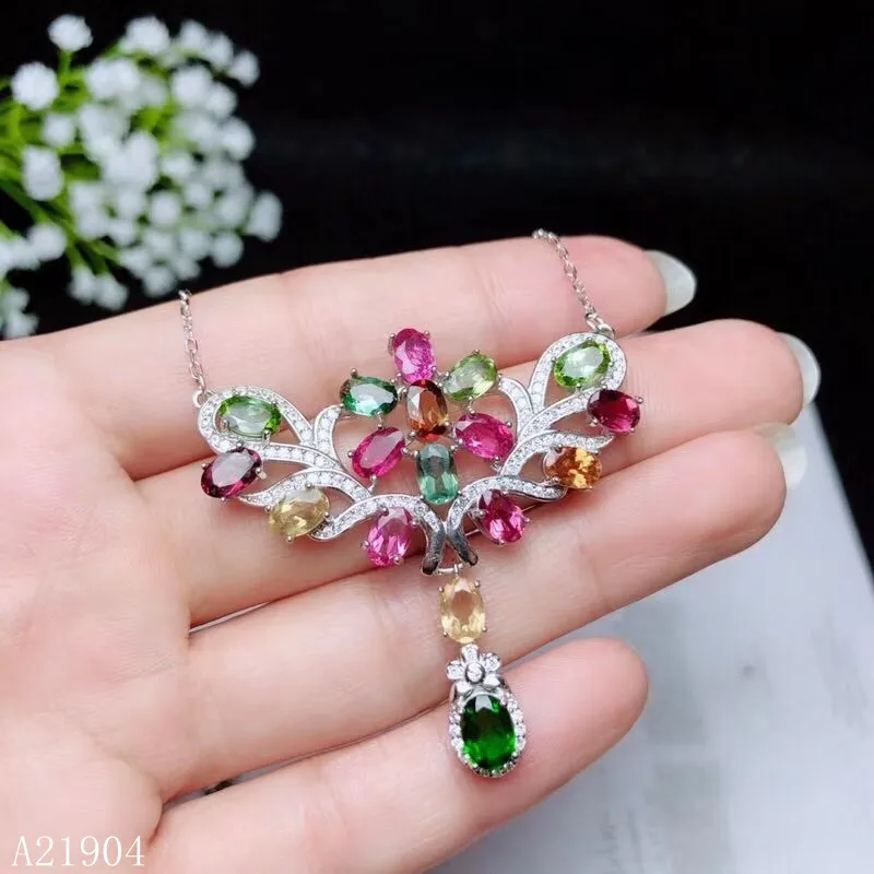 

KJJEAXCMY Boutique Jewelry 925 Pure Silver Inlaid Natural Tourmaline Necklace Pendant Support Detection
