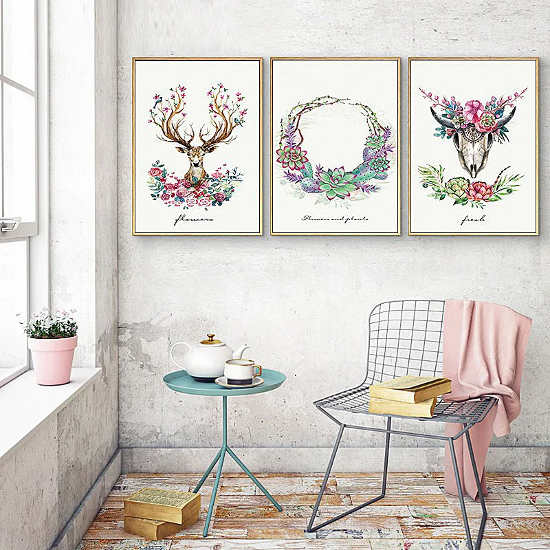 SD LINLEEHON Nordic Elk Watercolor Bird Flower and Deer Dialogue Illustration Canvas Print Painting Posters Art Wall Pictures | Дом и сад