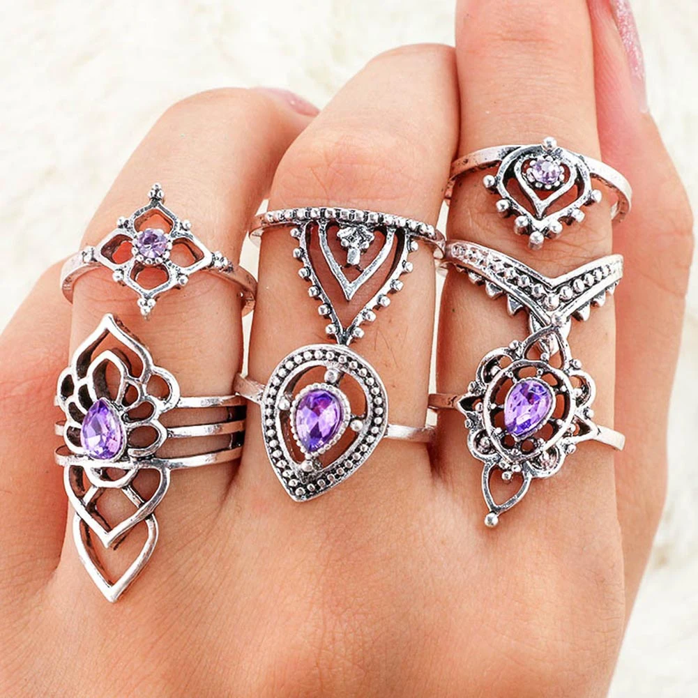 7 шт./компл. ретро Boho полые цветок фиолетовыми стразами костяшки Кольца Для женщин