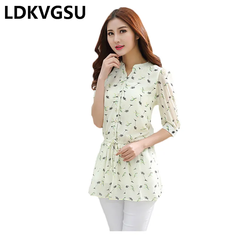 Женская длинная шифоновая блузка Is719 летняя Корейская большого размера с принтом