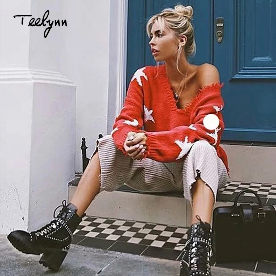 TEELYNN сплошной Бохо свитер 2018 Осень Длинные рукава Пуловеры sexy глубокий v-образным