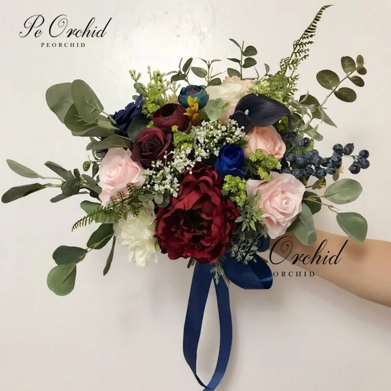 PEORCHID романтические бургундские Свадебные букеты розовые синие розы пионы Сад Свадебные цветы букеты невесты Бохо букет