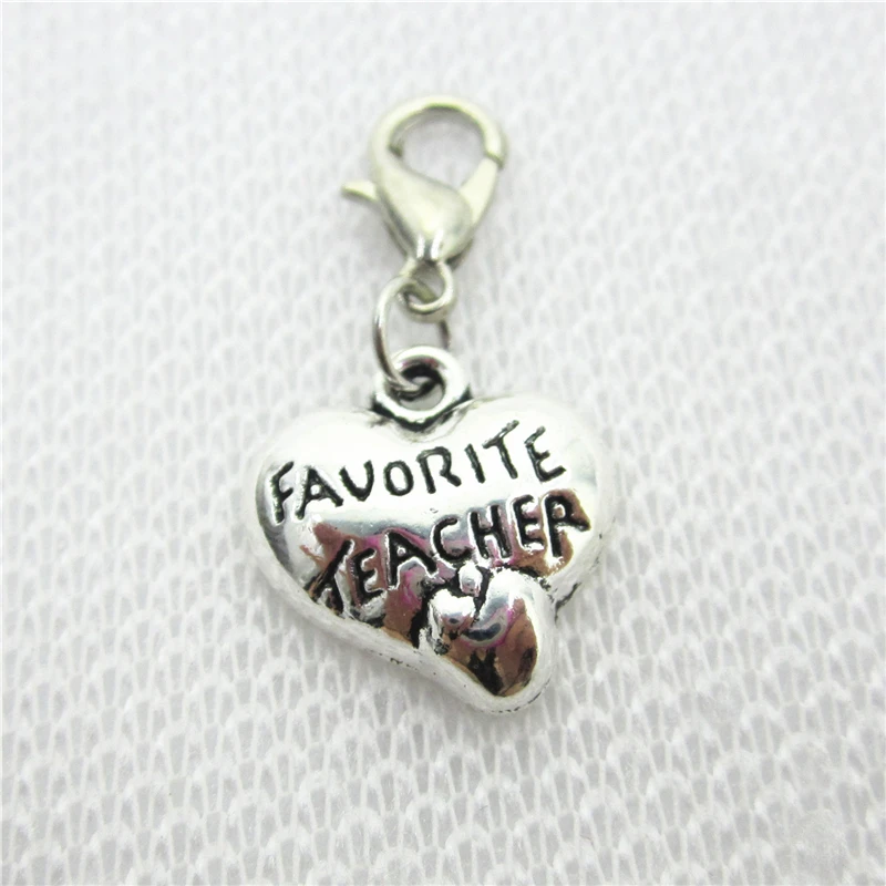 

20pcs/lot Silver Heart Favorite Teacher Dangle Charms Lobster Clasp Hanging Charm DIY Jewelry Accessories Floating Charms