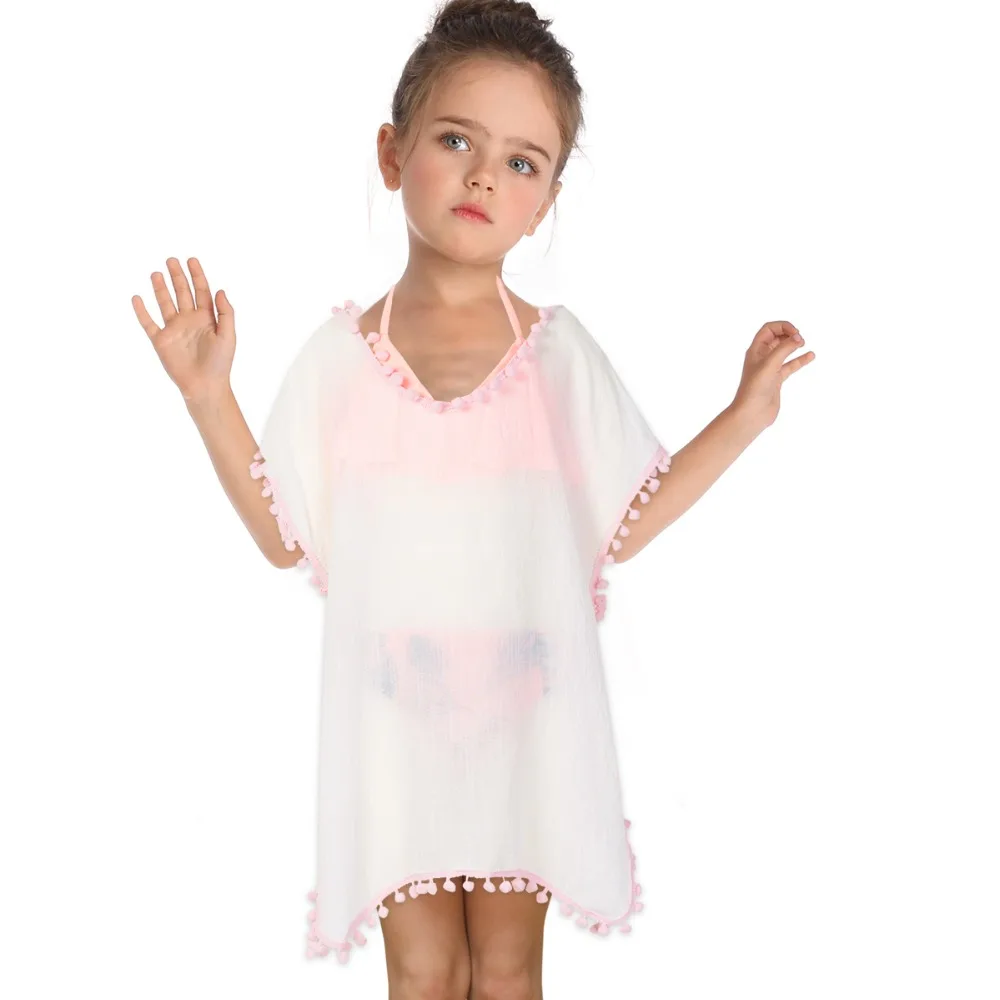 New Fashion Kid Girls Chiffon Unicorn Cover-up Rainbow Beach Swimsuit Coverup Pompom Tassel Pink White Kids Cover up | Детская одежда и