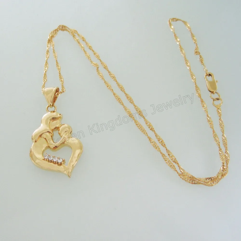 Min Order 10$/ VIVID - YELLOW GOLD OVERLAY 18&quot NECKLACE &amp MUM MOM HUG BABY IN ARM CZ STONE HEART SHAPE PENDANT HANGS 1.42&quot |