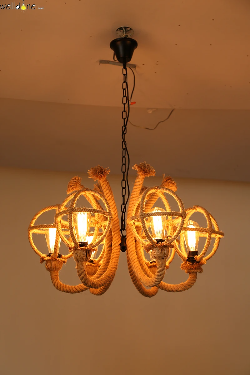 Американская деревенская винтажная Подвесная лампа пеньковая веревка ручной