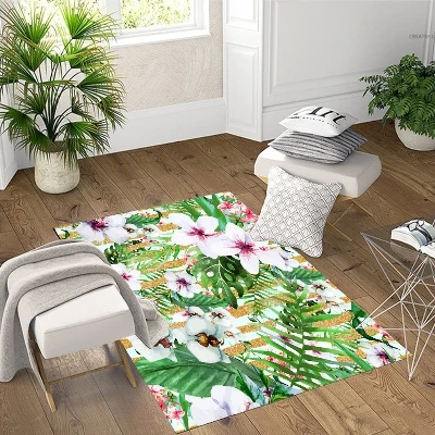 

Else Tropical Green Leaves White Purple Flowers 3d Print Non Slip Microfiber Living Room Decorative Modern Washable Area Rug Mat