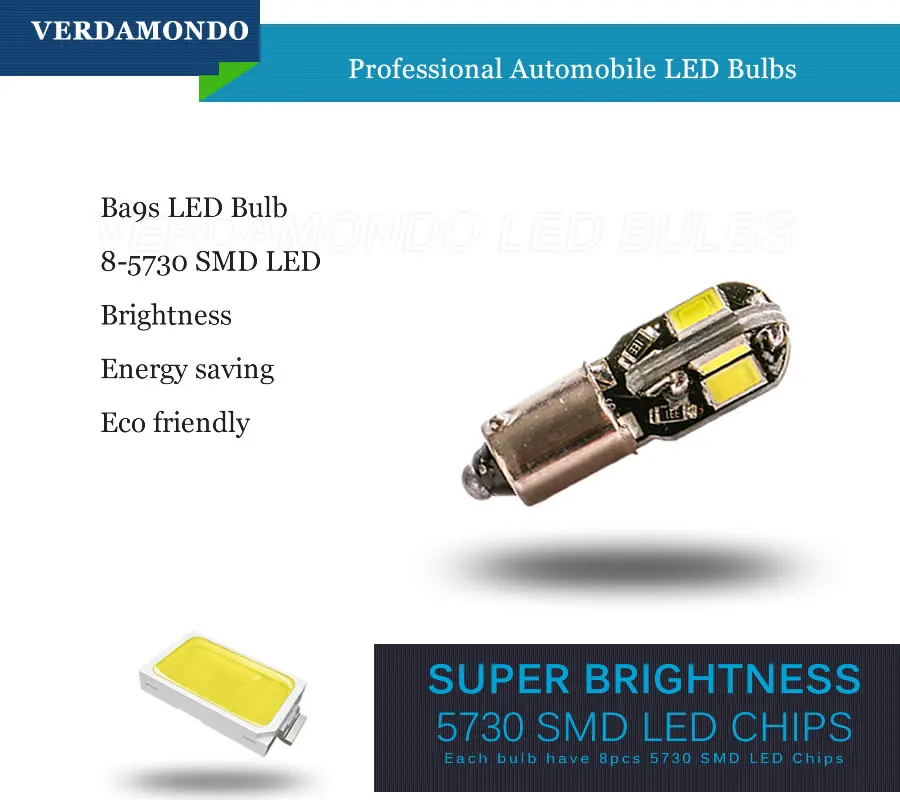Фото Светодиодсветодиодный лампы BA9S T4W 8 SMD 5730, лампы T2W T3W H5W для светильник салона автомобиля, 12 в пост. Тока, теплый белый свет, 2 шт. №2