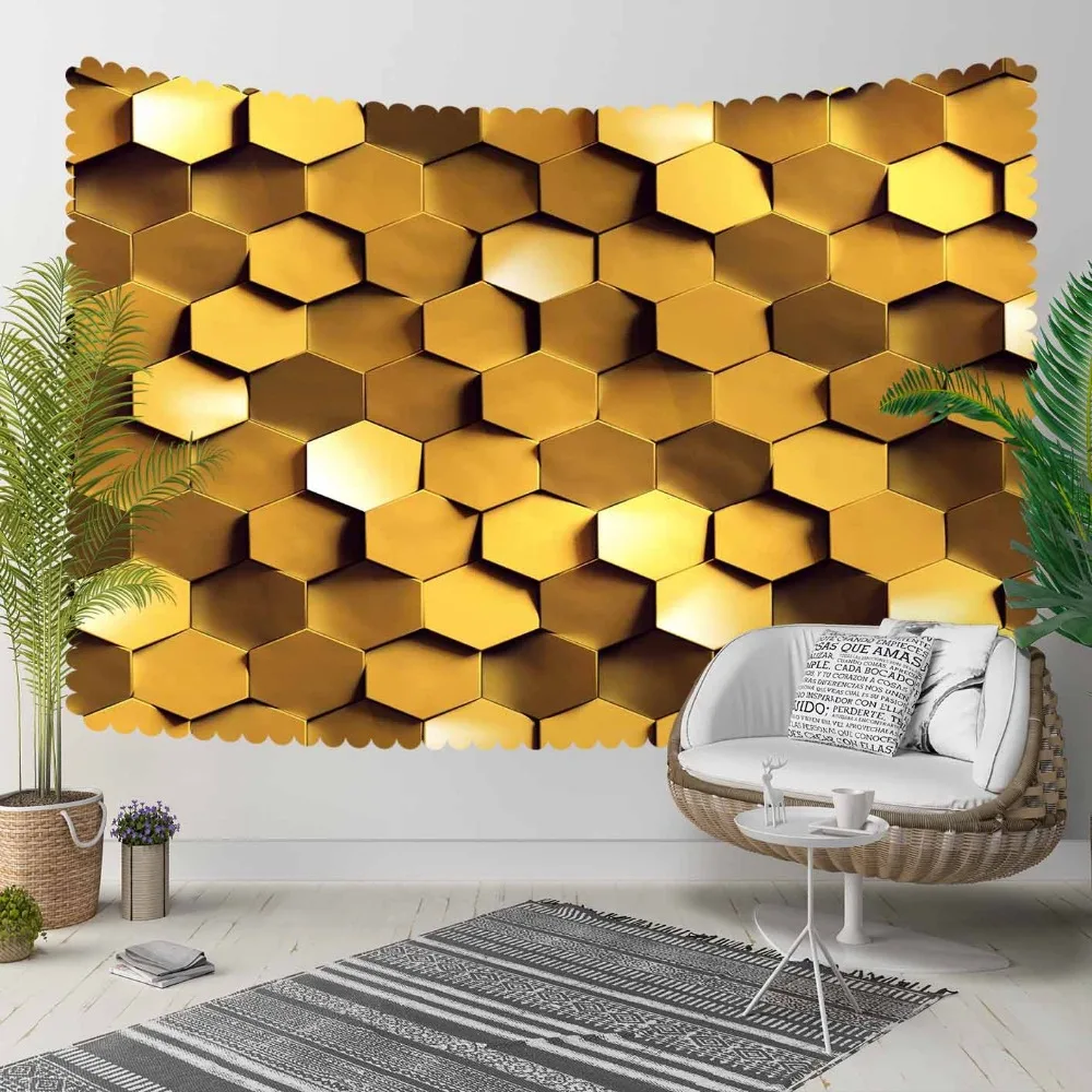 

Else Golden Yellow Brown Hexagon Geometrics Modern 3D Print Decorative Hippi Bohemian Wall Hanging Landscape Tapestry Wall Art