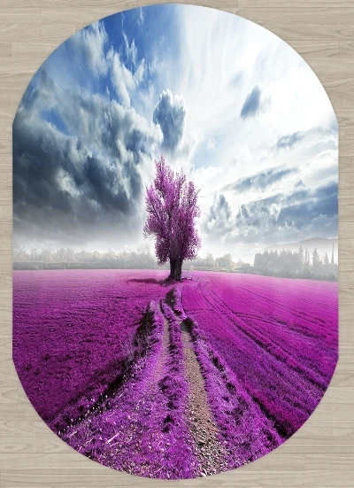 

Else Purple Lavander Farm in Tree Blue Sky Nature 3d Print Non Slip Microfiber Living Room Modern Oval Washable Area Rug Carpet