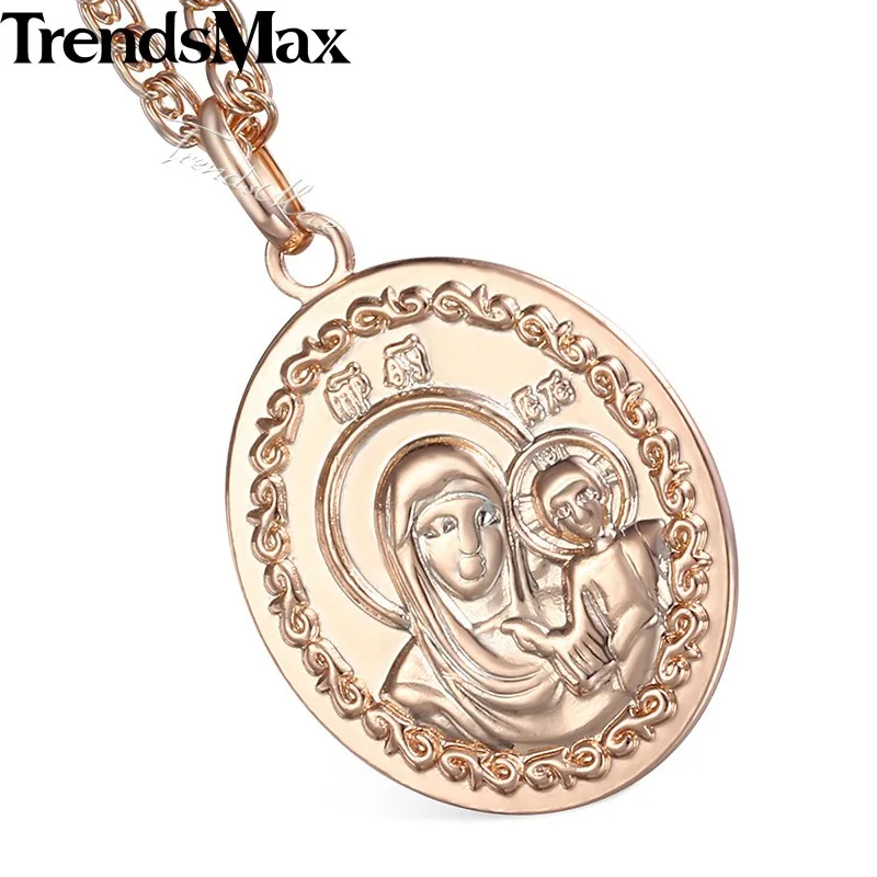 Trendsmax ожерелье с кулоном в виде креста Девы Марии Иисуса для женщин и мужчин 585 цвета розового золота ювелирные изделия на цепочке KGP170_1