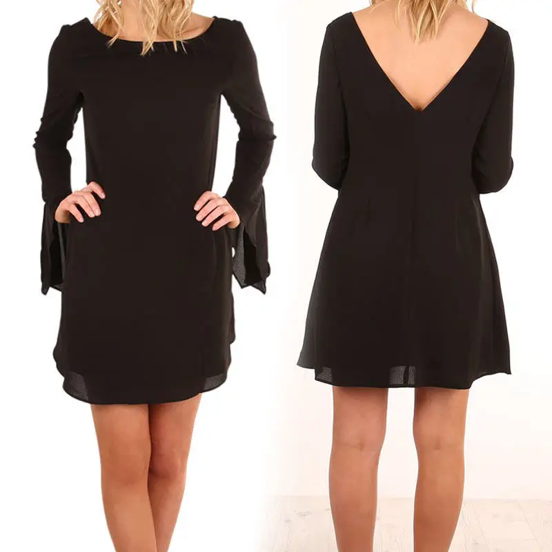 Solid Black Summer Women Flare Long Sleeve Evening Party Casual Short Mini Dress Autumn | Женская одежда