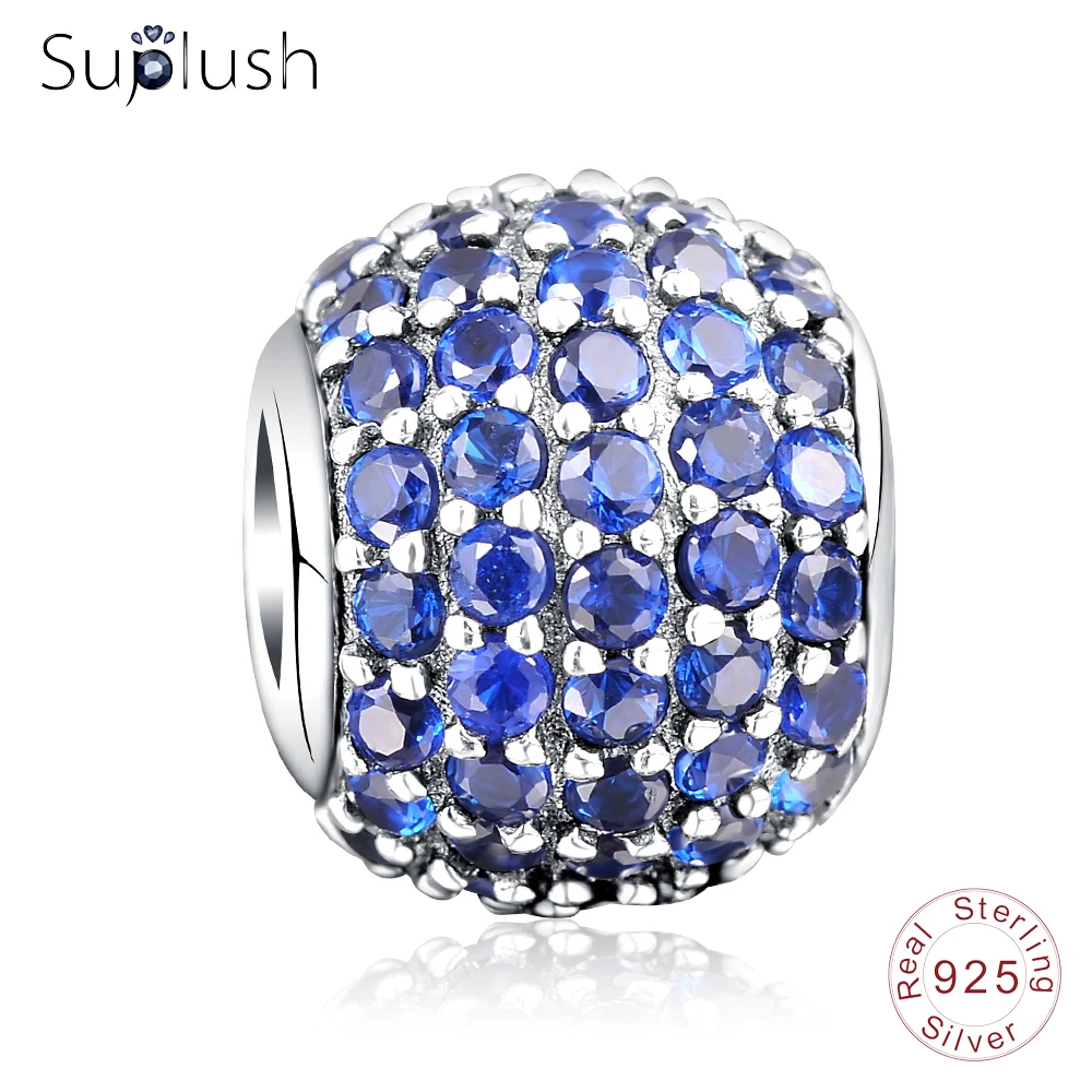 Suplush серебряные бусины 925 пробы ослепляющий синий фианит шар Teal Charm fit