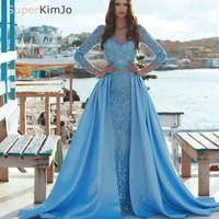 detachable prom dresses with v neck lace appliques blue long sleeve satin evening dresses gowns arabic 2020