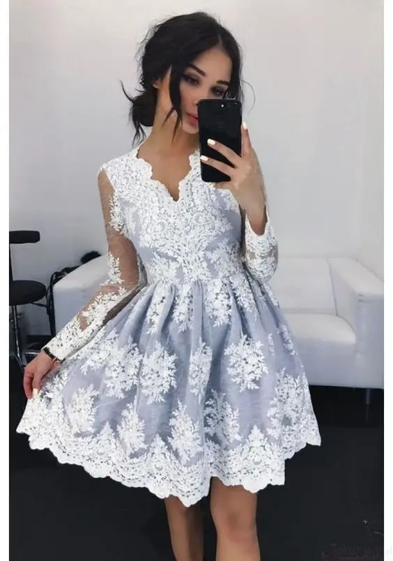 same as photo Праздничные Выпускные платья vestido de formatura с v-образным вырезом и длинными рукавами, короткие розовые кружевные платья для выпускного вечера - Цвет: same as photo