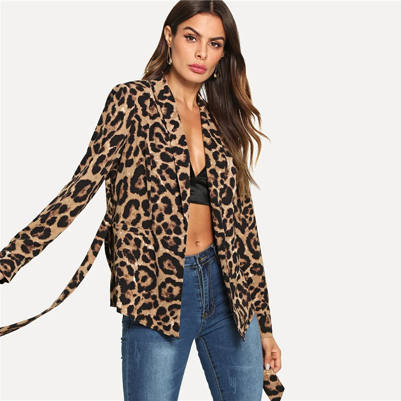 SHEIN Multicolor Highstreet Office Lady Shawl Collar Belted Leopard Print Elegant Blazer Autumn Workwear Women Outerwear