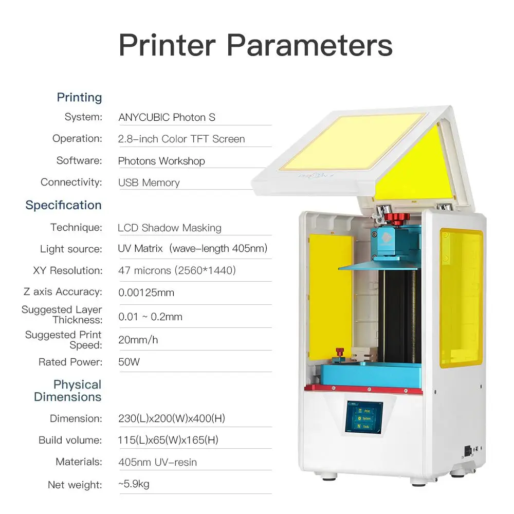 ANYCUBIC Photon S lcd 3d принтер Быстрый ломтик 405nm матрица УФ свет двойная ось Z SLA фотоны